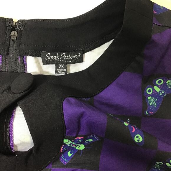 SMAK PARLOUR 2X Plus Purple Black Keyhole Retro Death Head Moth Dress NWT b96 - Picture 6 of 8